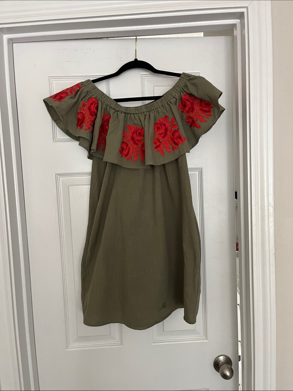 Umgee Olive Green One-Shoulder Dress with Red Floral Embroidery